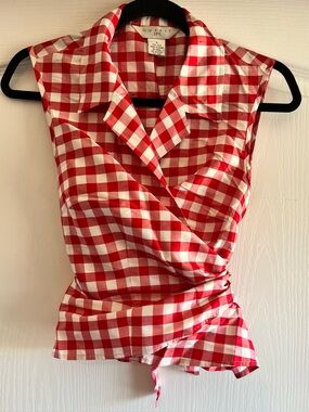 Vintage Outfit JPR 100% Silk Red Gingham Plaid Sleeveless Wrap Top - M